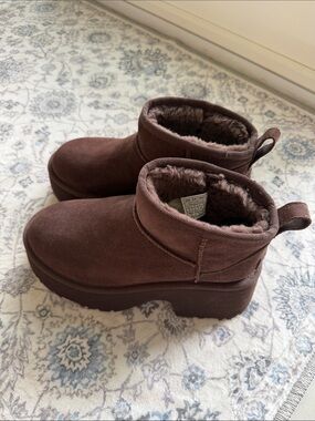 UGG Chocolate Brown Shearling-Lined Platform Slippers
